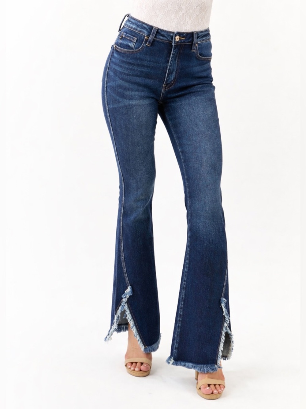 KANCAN Dark Wash Bootcut Jeans Frayed Hem Stretch Size 25 Flare Denim
